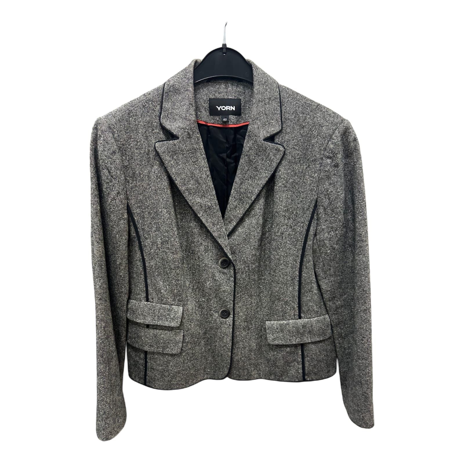 Yorn Blazer Größe 42 Grau Wollmix Seide Schwarz Paspel Elegant Hochwertig Damen