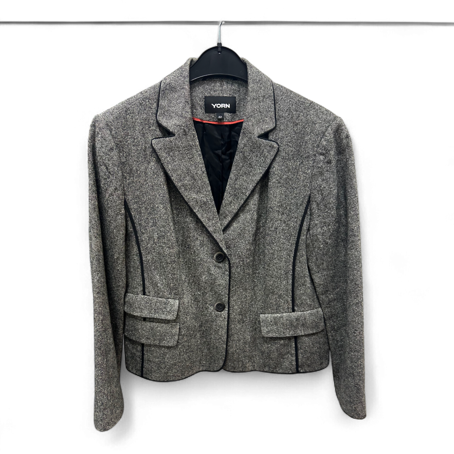 Yorn Blazer Größe 42 Grau Wollmix Seide Schwarz Paspel Elegant Hochwertig Damen