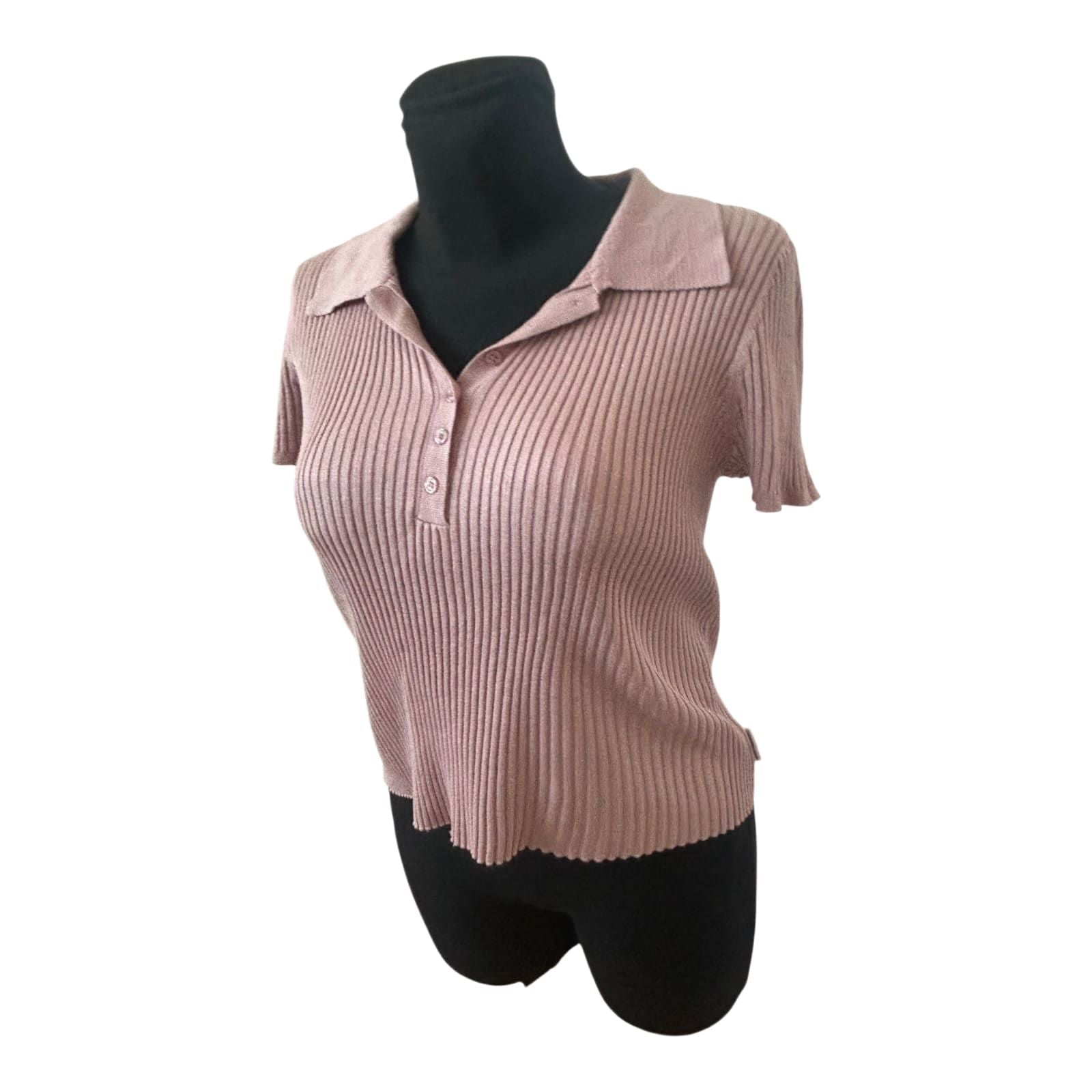Calvin Klein Pullover Kurzarm Damen Gr M Rosa Gerippt NEU Kragen Elegant