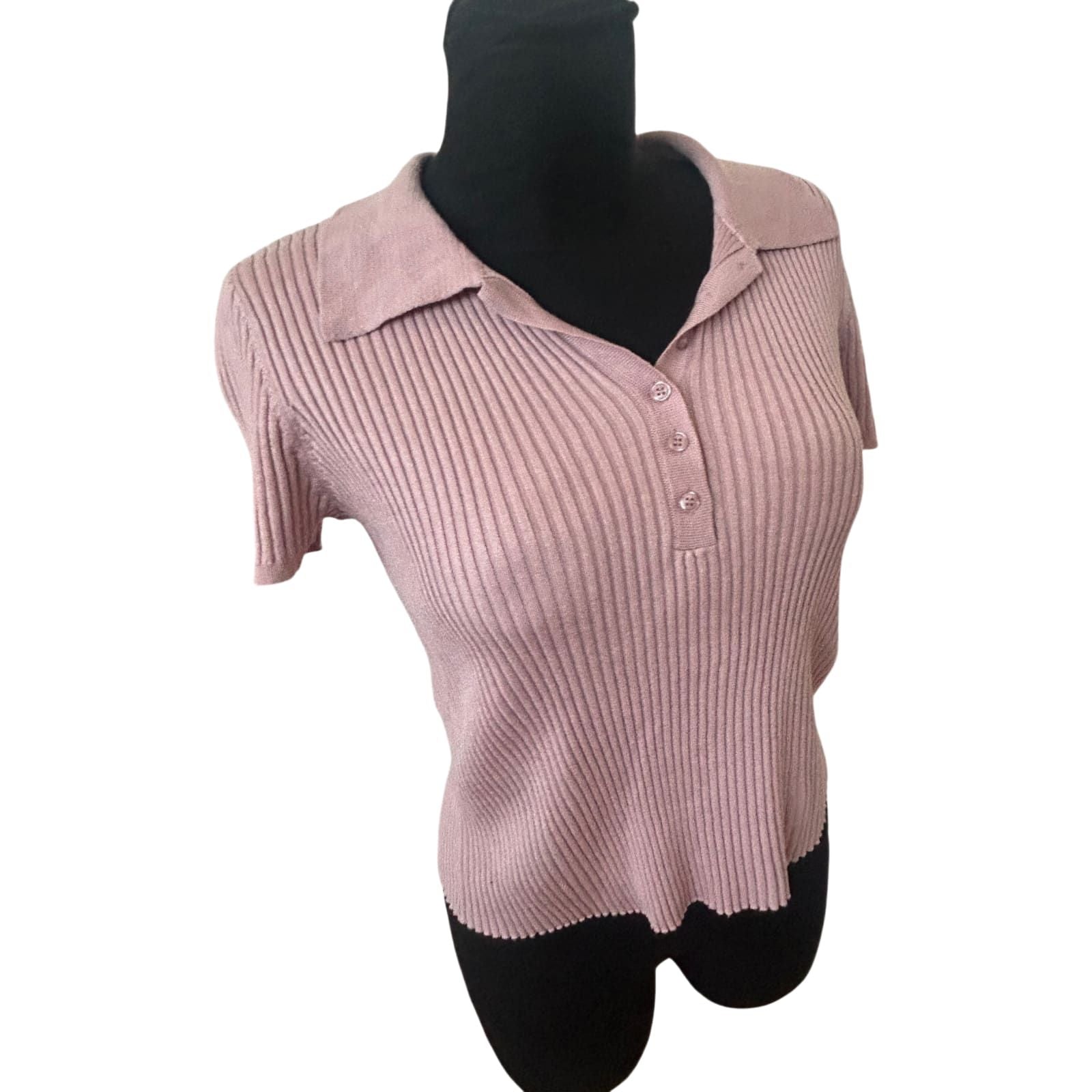 Calvin Klein Pullover Kurzarm Damen Gr M Rosa Gerippt NEU Kragen Elegant