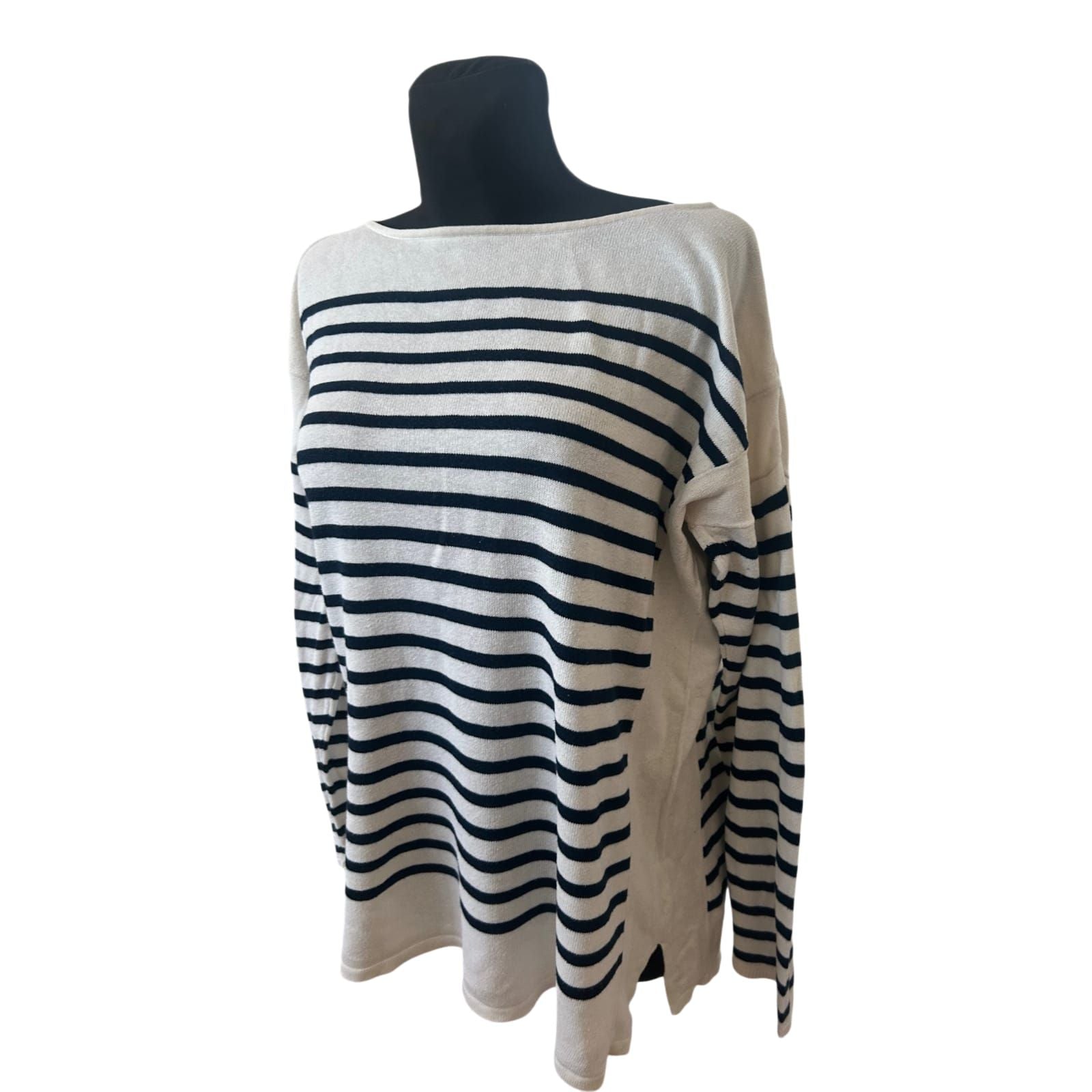 Chaps Ralph Lauren Damen Pullover Gr XL Weiß Blau Streifen Baumwolle