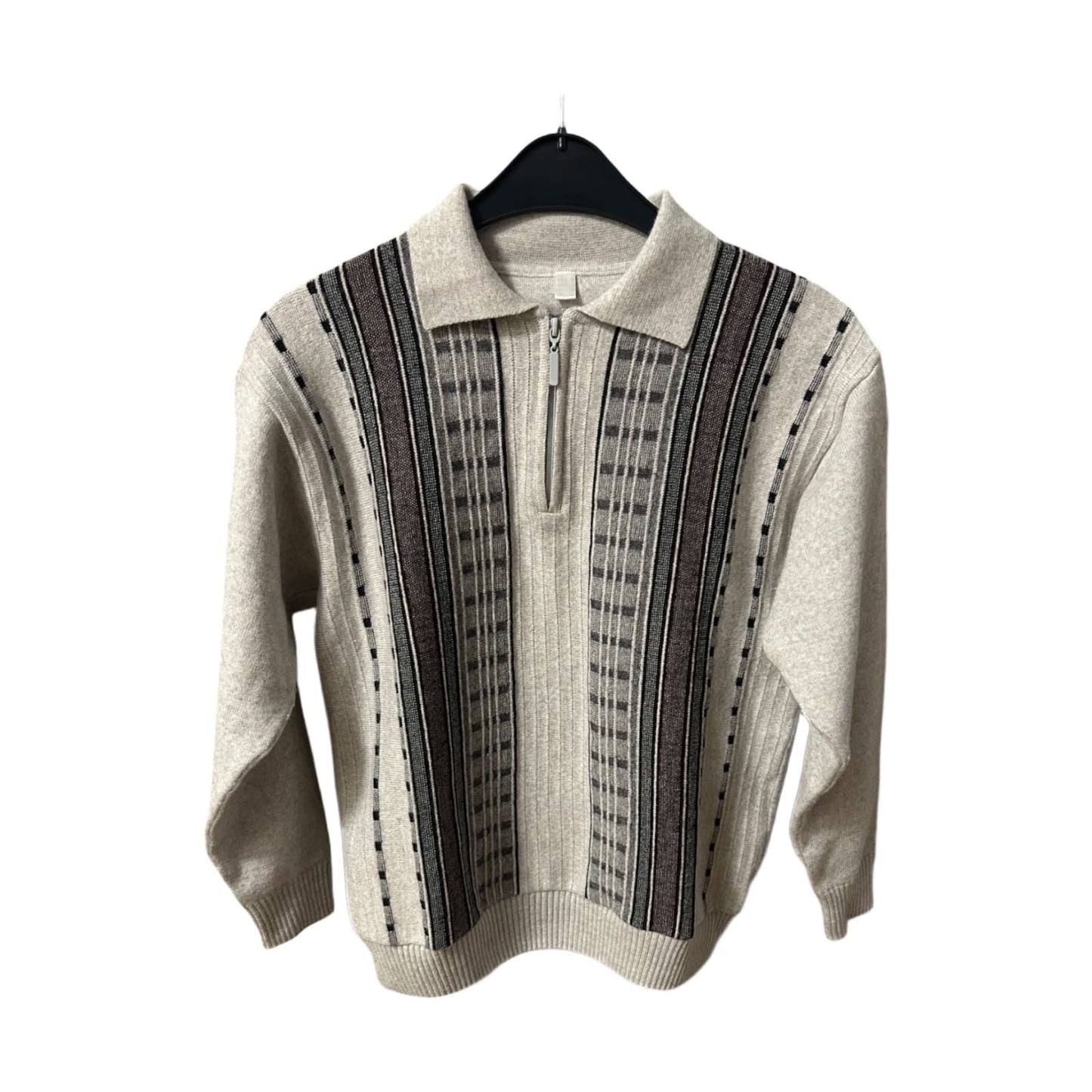 Retro Pullover Herren M Beige Braun Muster Halbzip Schurwolle Acryl Vintage Style