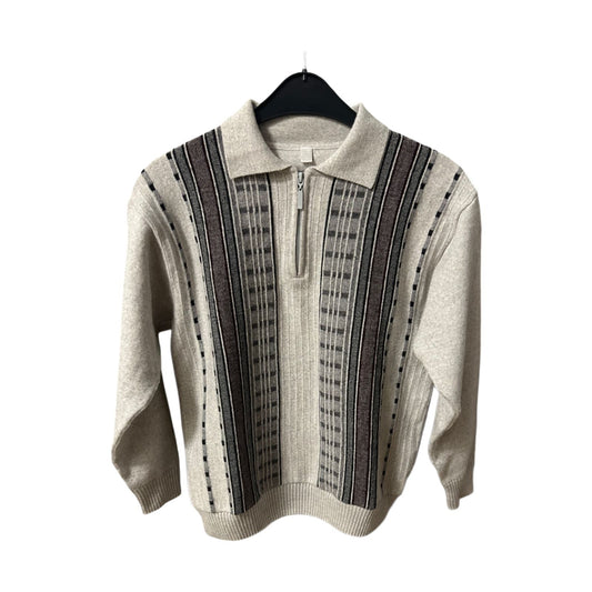 Retro Pullover Herren M Beige Braun Muster Halbzip Schurwolle Acryl Vintage Style