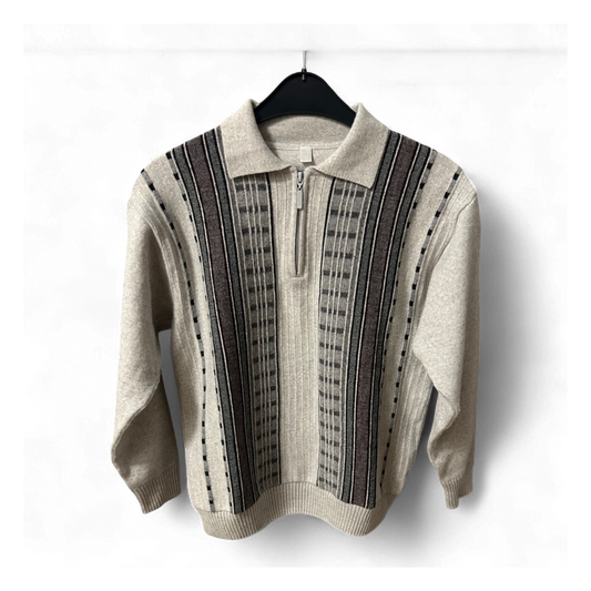 Retro Pullover Herren M Beige Braun Muster Halbzip Schurwolle Acryl Vintage Style