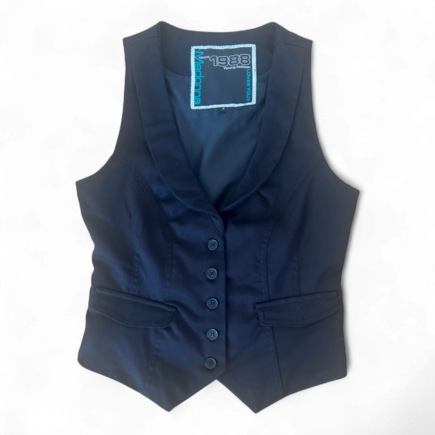 Madonna Weste Schwarz Gr S Business Look Knöpfe Tailliert Rückenriegel Elegant