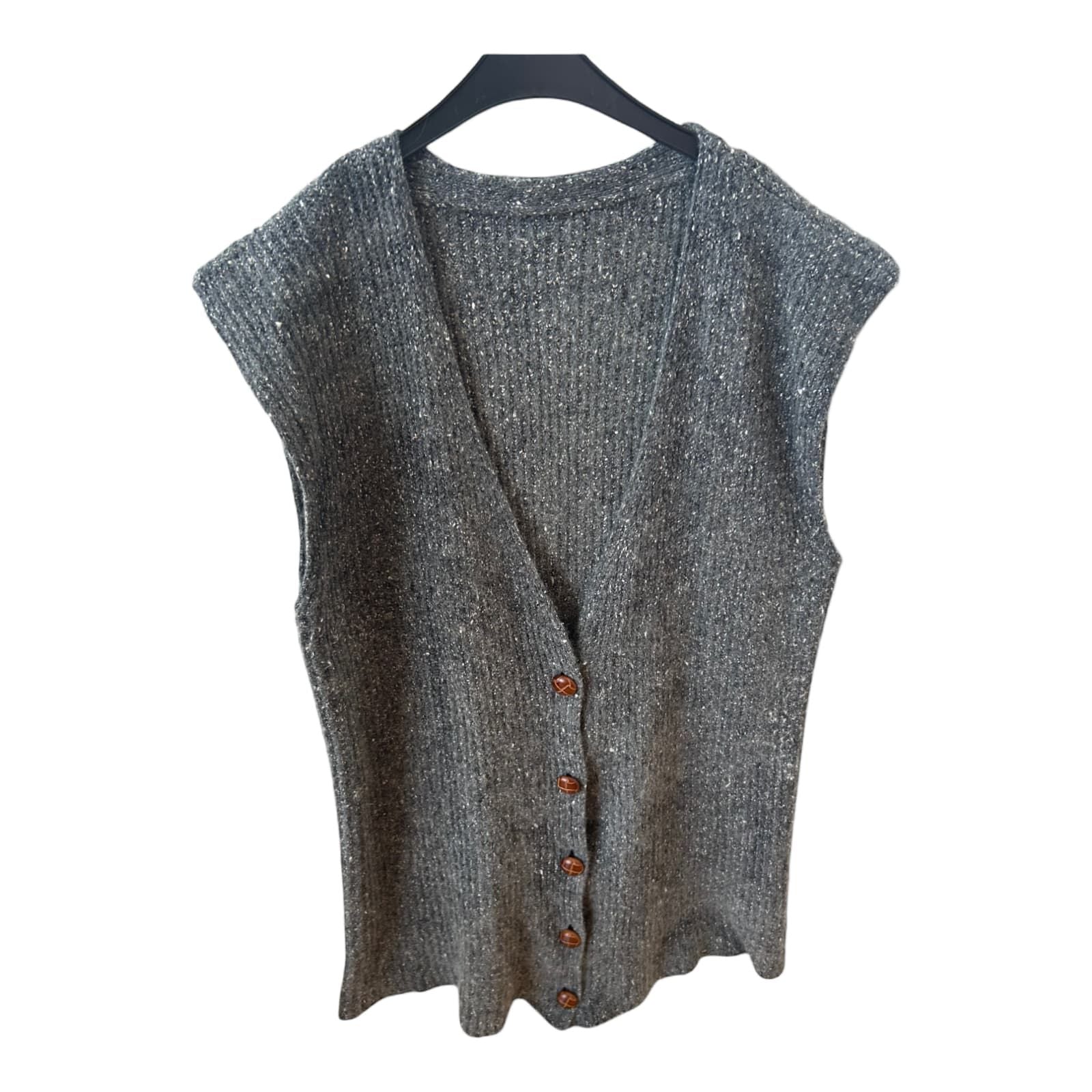 Strickweste Grau Gr 42 Seidenmix Knopfleiste Glanzgarn V-Ausschnitt Lang