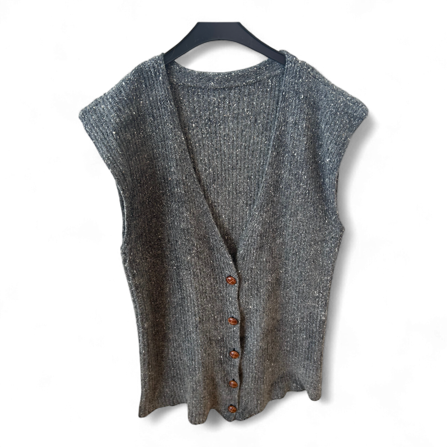 Strickweste Grau Gr 42 Seidenmix Knopfleiste Glanzgarn V-Ausschnitt Lang