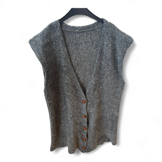 Strickweste Grau Gr 42 Seidenmix Knopfleiste Glanzgarn V-Ausschnitt Lang