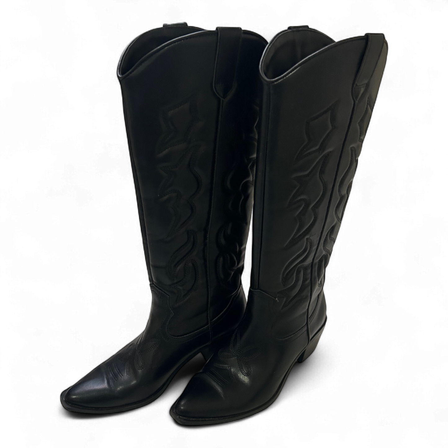 Stradivarius Cowboystiefel Schwarz Gr 38 Westernlook Vegan Stickerei Kunstleder*