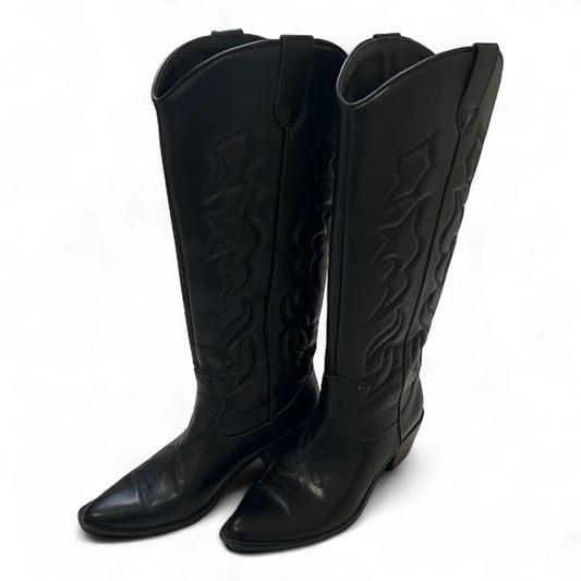 Stradivarius Cowboystiefel Schwarz Gr 38 Westernlook Vegan Stickerei Kunstleder*