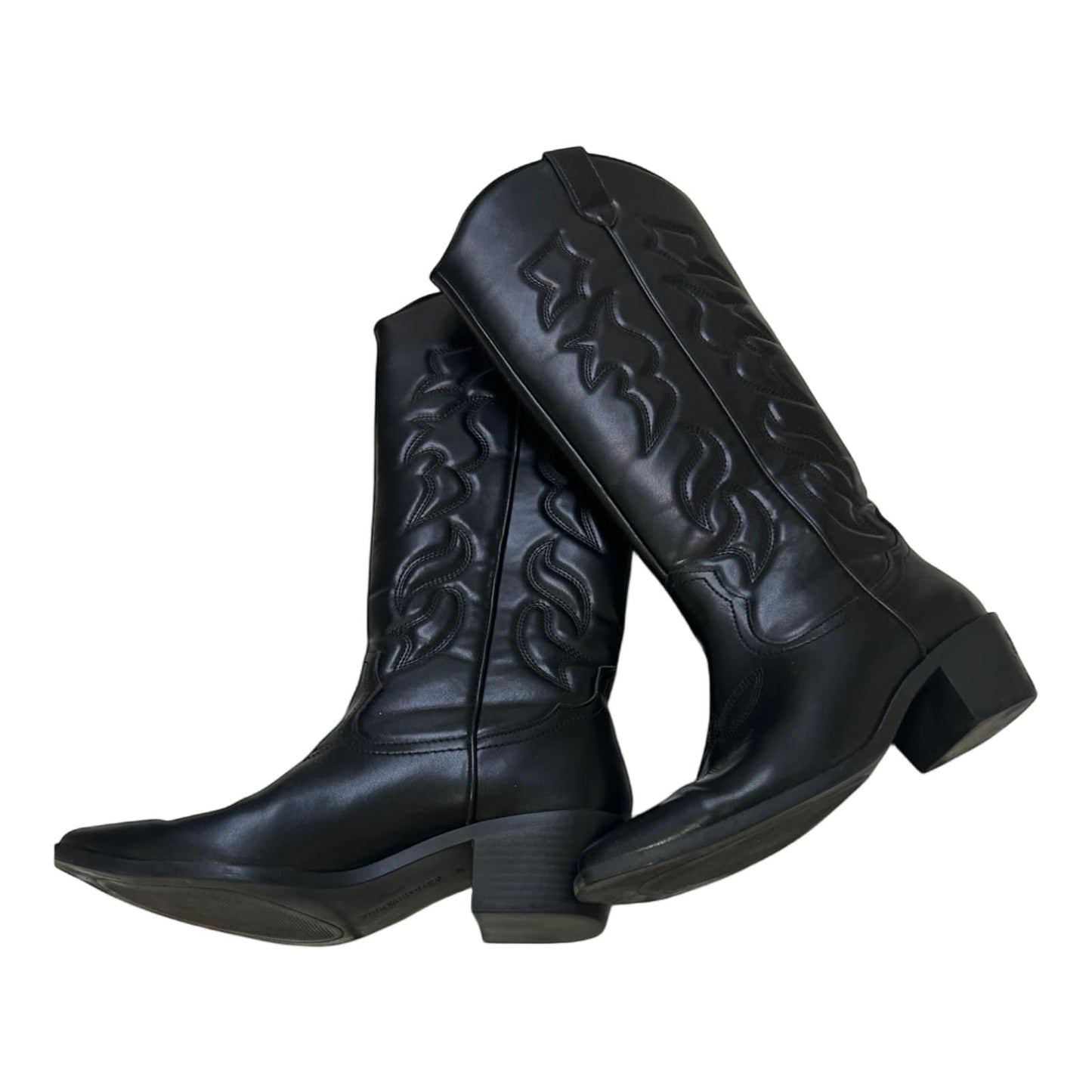 Stradivarius Cowboystiefel Schwarz Gr 38 Westernlook Vegan Stickerei Kunstleder*
