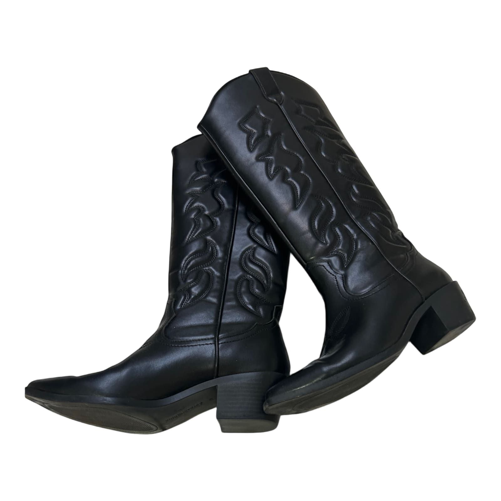 Stradivarius Cowboystiefel Schwarz Gr 38 Westernlook Vegan Stickerei Kunstleder*