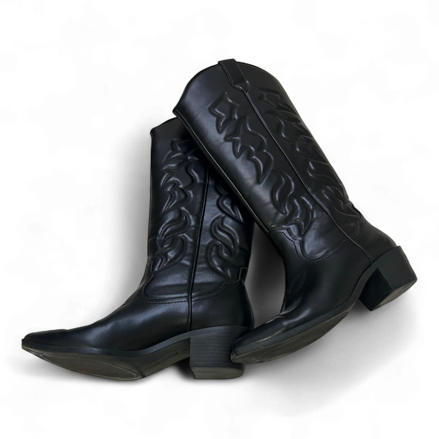 Stradivarius Cowboystiefel Schwarz Gr 38 Westernlook Vegan Stickerei Kunstleder*