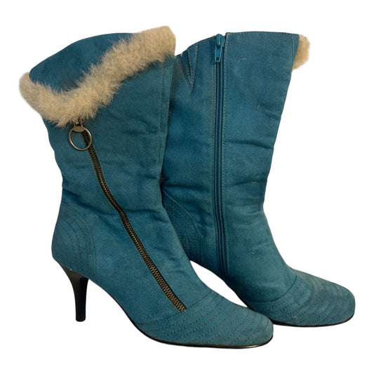 Benini Stiefeletten Blau Gr 38 Fellbesatz Reißverschluss Absatz Retro Stil
