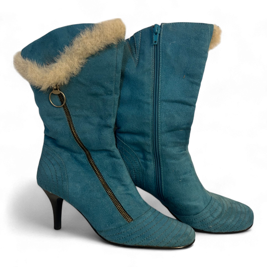 Benini Stiefeletten Blau Gr 38 Fellbesatz Reißverschluss Absatz Retro Stil
