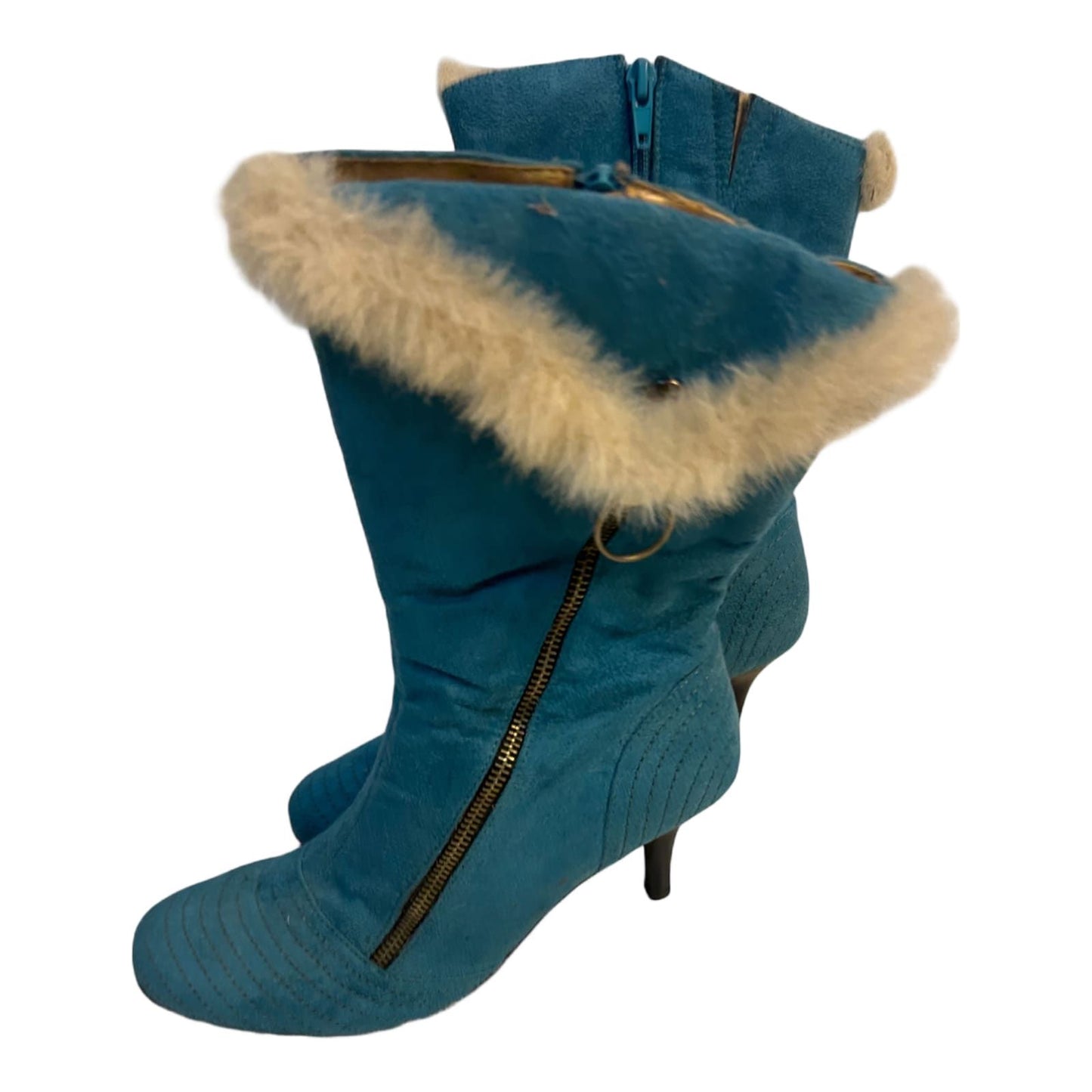 Benini Stiefeletten Blau Gr 38 Fellbesatz Reißverschluss Absatz Retro Stil