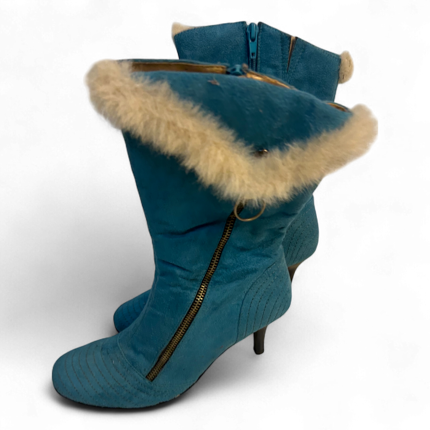 Benini Stiefeletten Blau Gr 38 Fellbesatz Reißverschluss Absatz Retro Stil