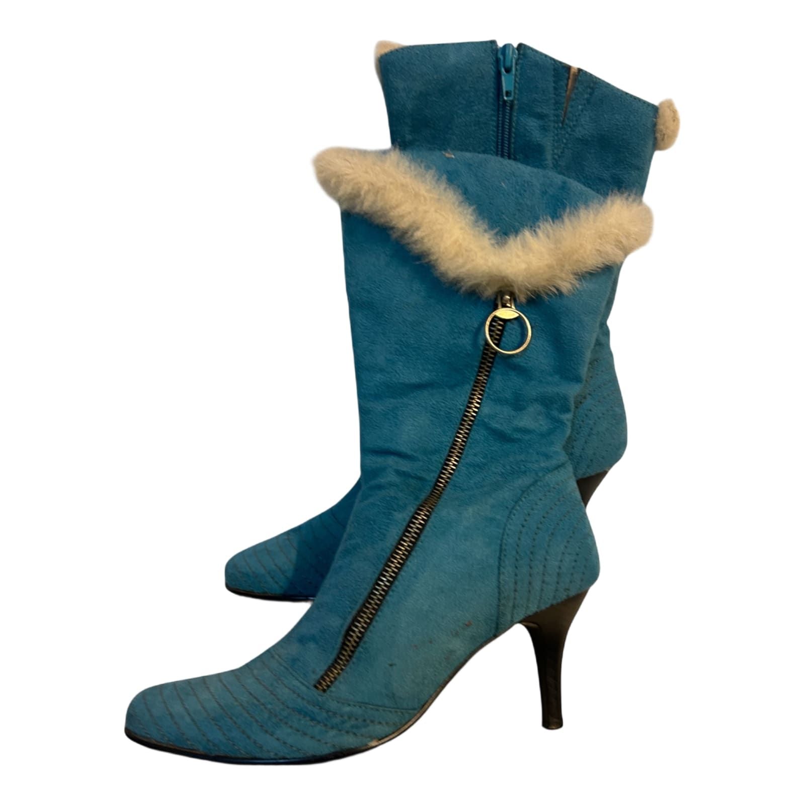 Benini Stiefeletten Blau Gr 38 Fellbesatz Reißverschluss Absatz Retro Stil