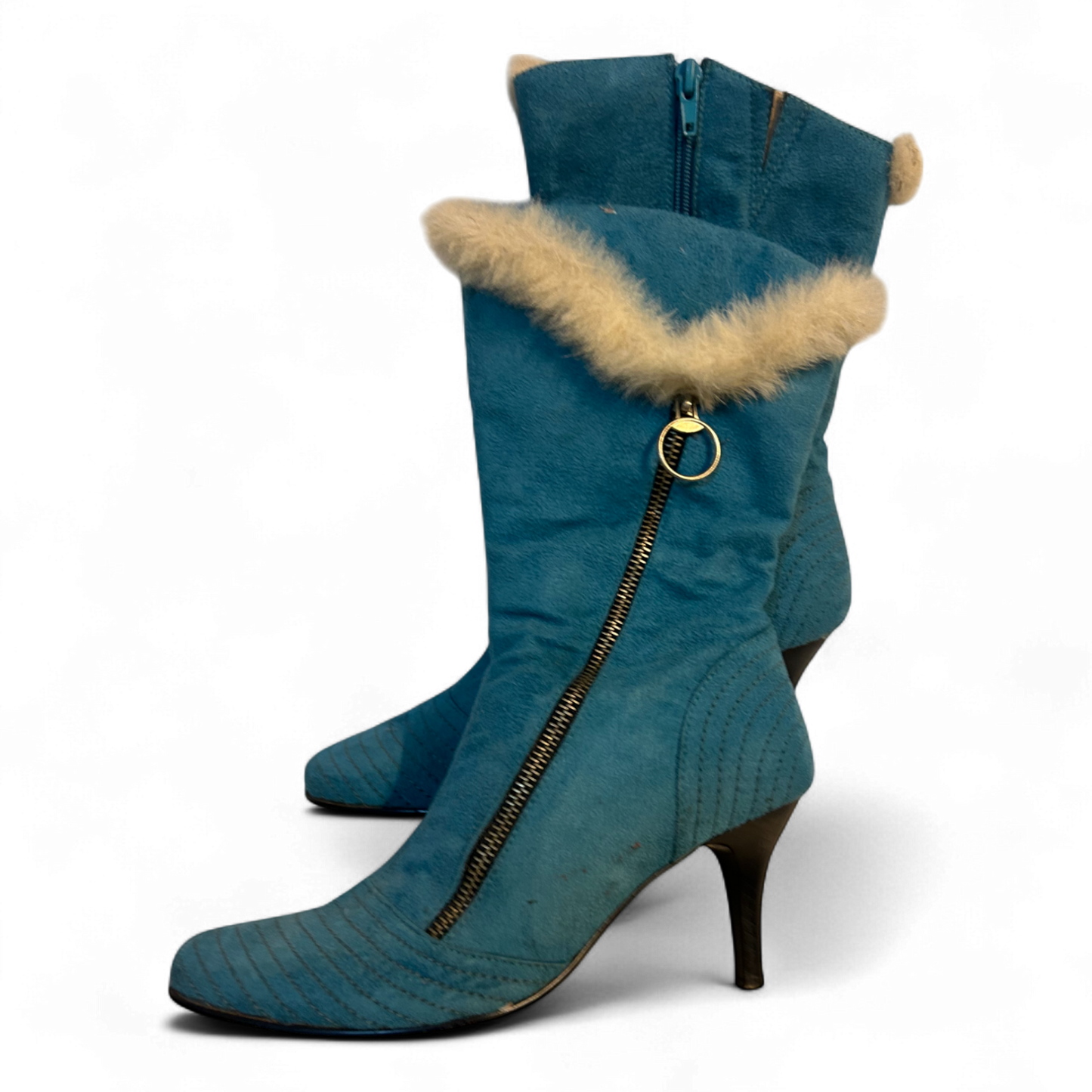 Benini Stiefeletten Blau Gr 38 Fellbesatz Reißverschluss Absatz Retro Stil