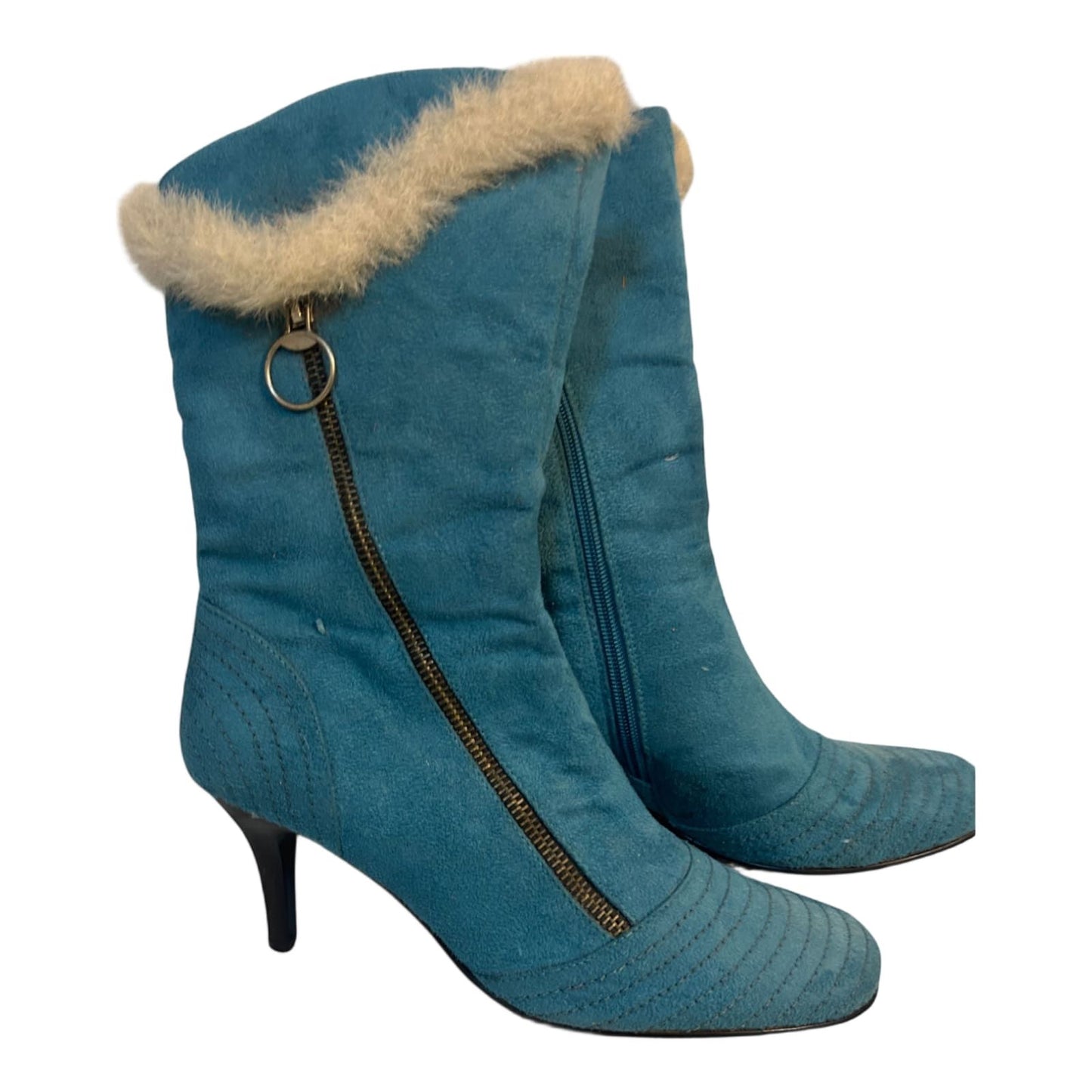 Benini Stiefeletten Blau Gr 38 Fellbesatz Reißverschluss Absatz Retro Stil