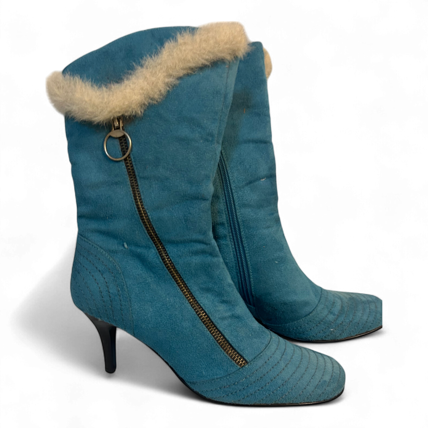 Benini Stiefeletten Blau Gr 38 Fellbesatz Reißverschluss Absatz Retro Stil