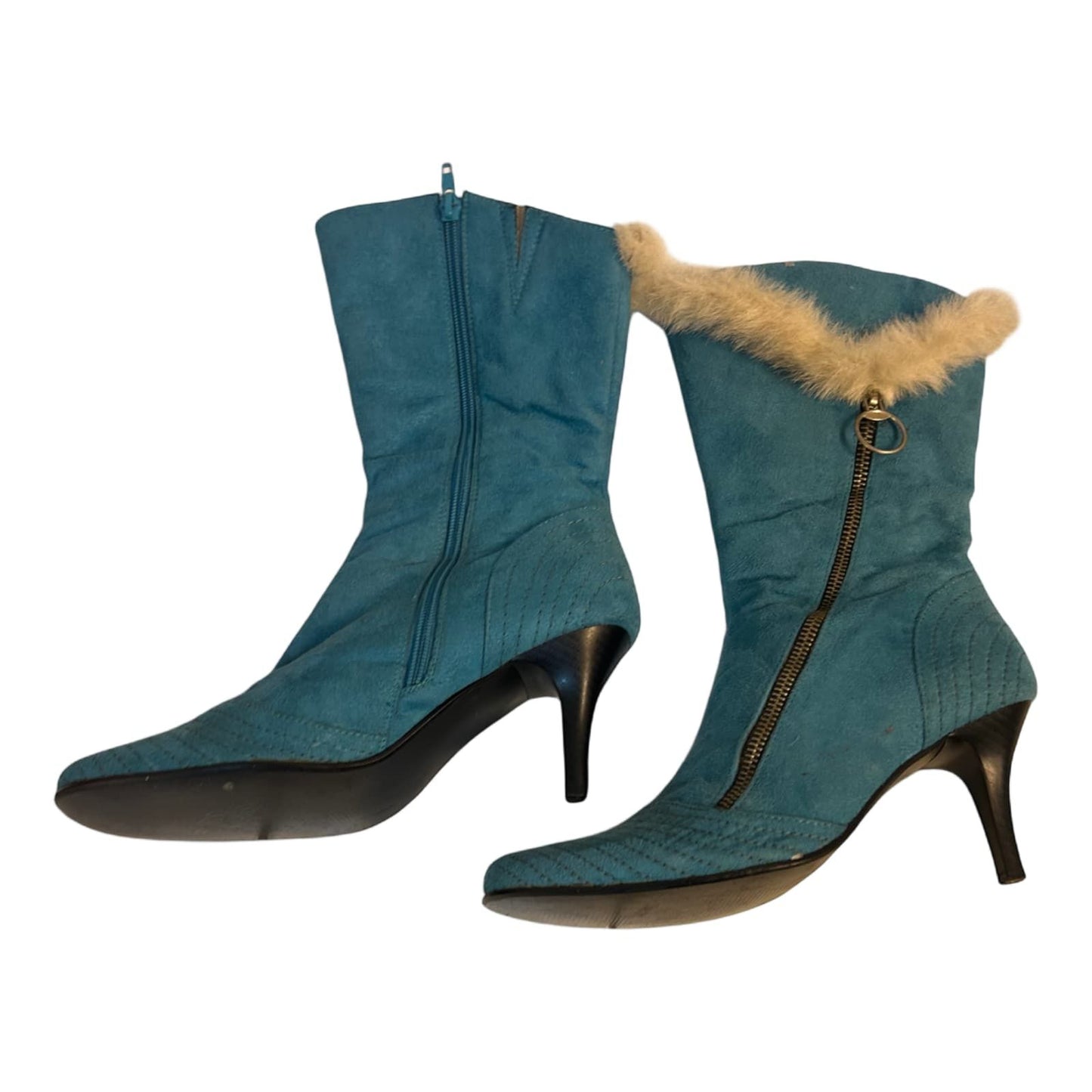 Benini Stiefeletten Blau Gr 38 Fellbesatz Reißverschluss Absatz Retro Stil