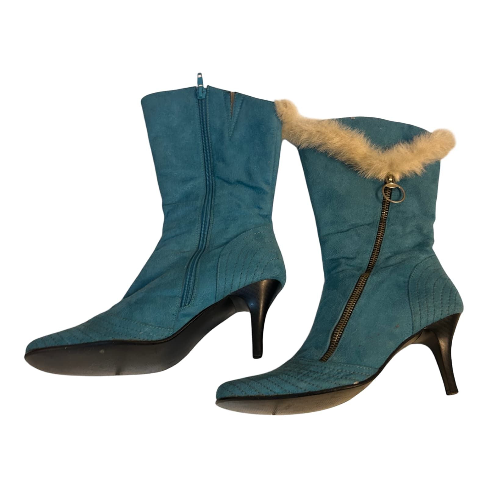Benini Stiefeletten Blau Gr 38 Fellbesatz Reißverschluss Absatz Retro Stil