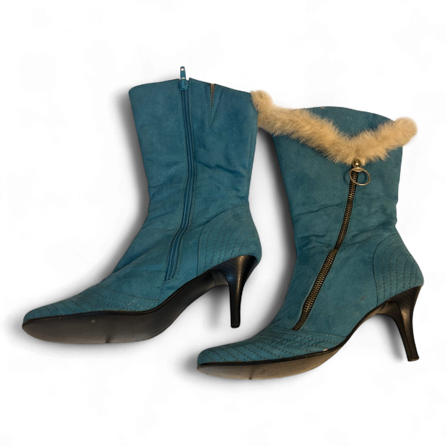 Benini Stiefeletten Blau Gr 38 Fellbesatz Reißverschluss Absatz Retro Stil