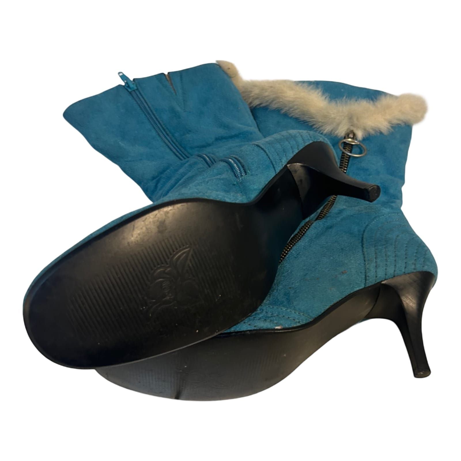 Benini Stiefeletten Blau Gr 38 Fellbesatz Reißverschluss Absatz Retro Stil