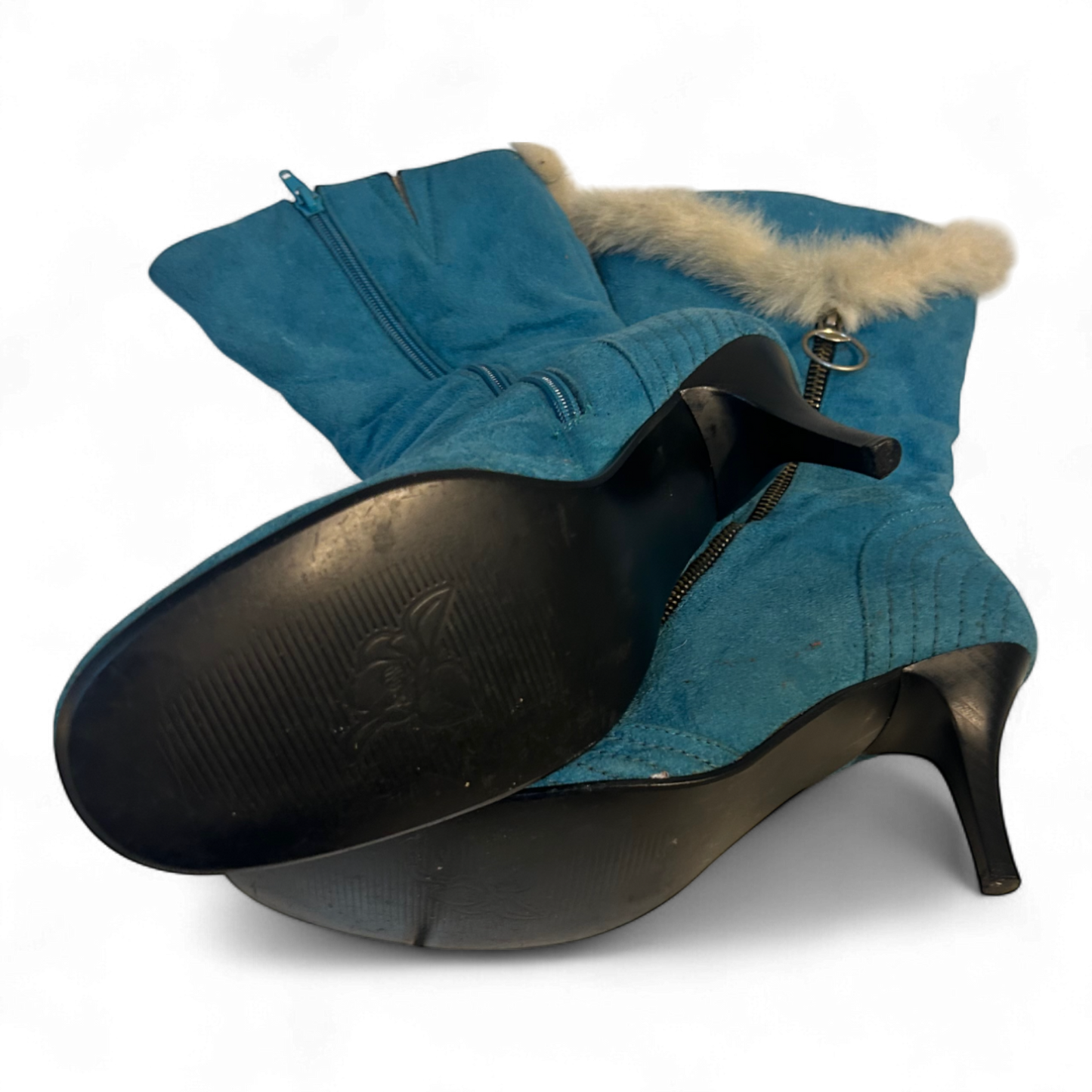 Benini Stiefeletten Blau Gr 38 Fellbesatz Reißverschluss Absatz Retro Stil