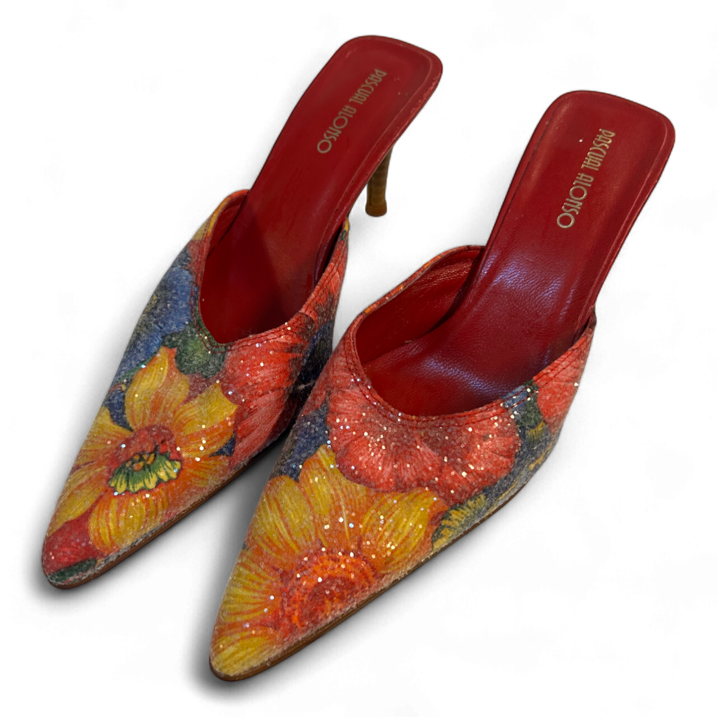 Pascual Alonso Mules Gr 37 Blumen Glitzer Print Rot Leder Innensohle Absatzschuhe
