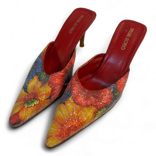 Pascual Alonso Mules Gr 37 Blumen Glitzer Print Rot Leder Innensohle Absatzschuhe