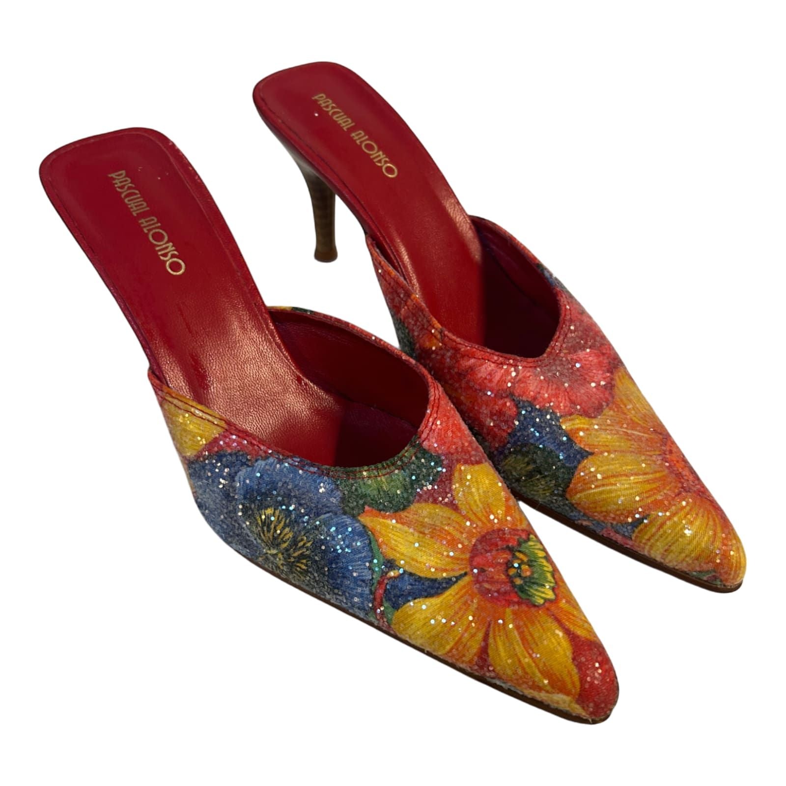 Pascual Alonso Mules Damen Schuhe Gr 37 Rot Blumen Glitzer Absatz Elegant
