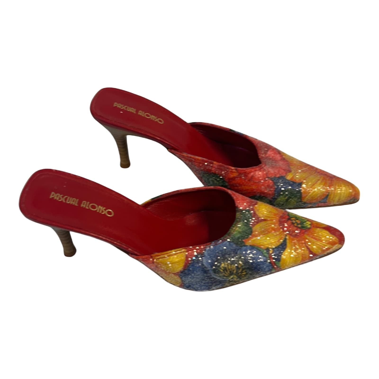 Pascual Alonso Mules Damen Schuhe Gr 37 Rot Blumen Glitzer Absatz Elegant