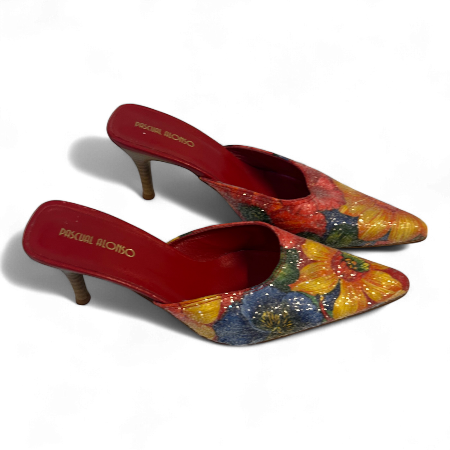 Pascual Alonso Mules Gr 37 Blumen Glitzer Print Rot Leder Innensohle Absatzschuhe