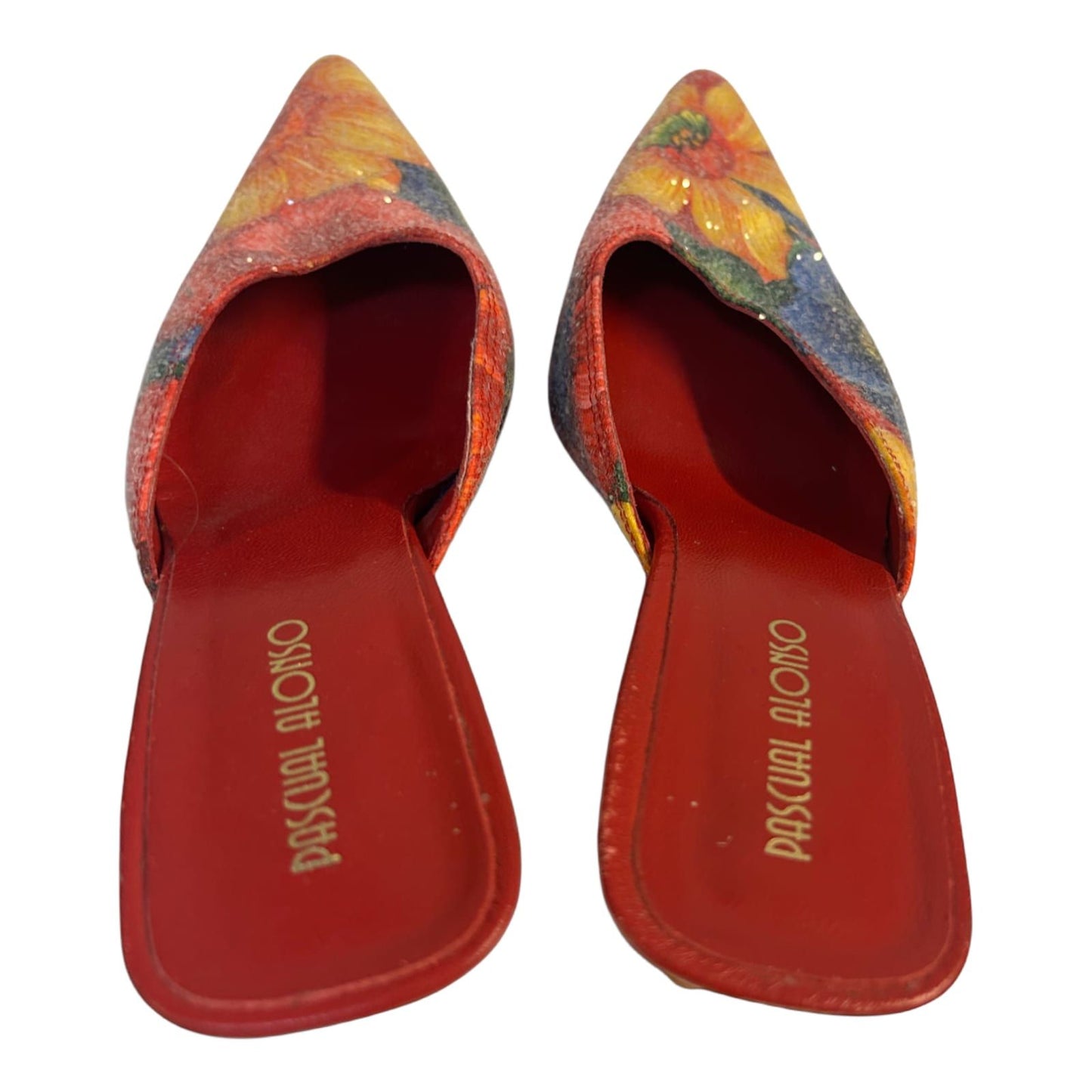 Pascual Alonso Mules Damen Schuhe Gr 37 Rot Blumen Glitzer Absatz Elegant