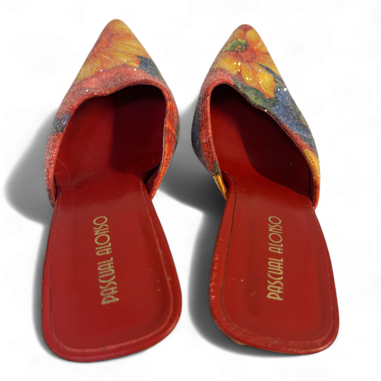 Pascual Alonso Mules Gr 37 Blumen Glitzer Print Rot Leder Innensohle Absatzschuhe