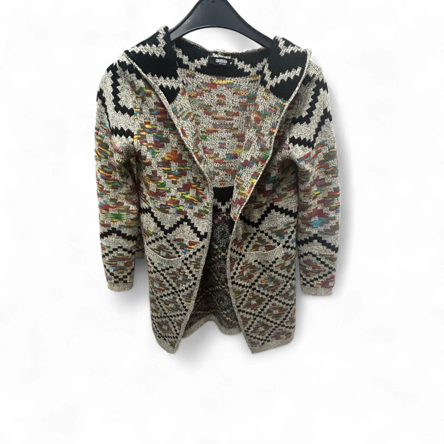 Colloseum Strickjacke Kapuze Muster Gr M Beige Bunt Taschen Boho Lang Acrylmix