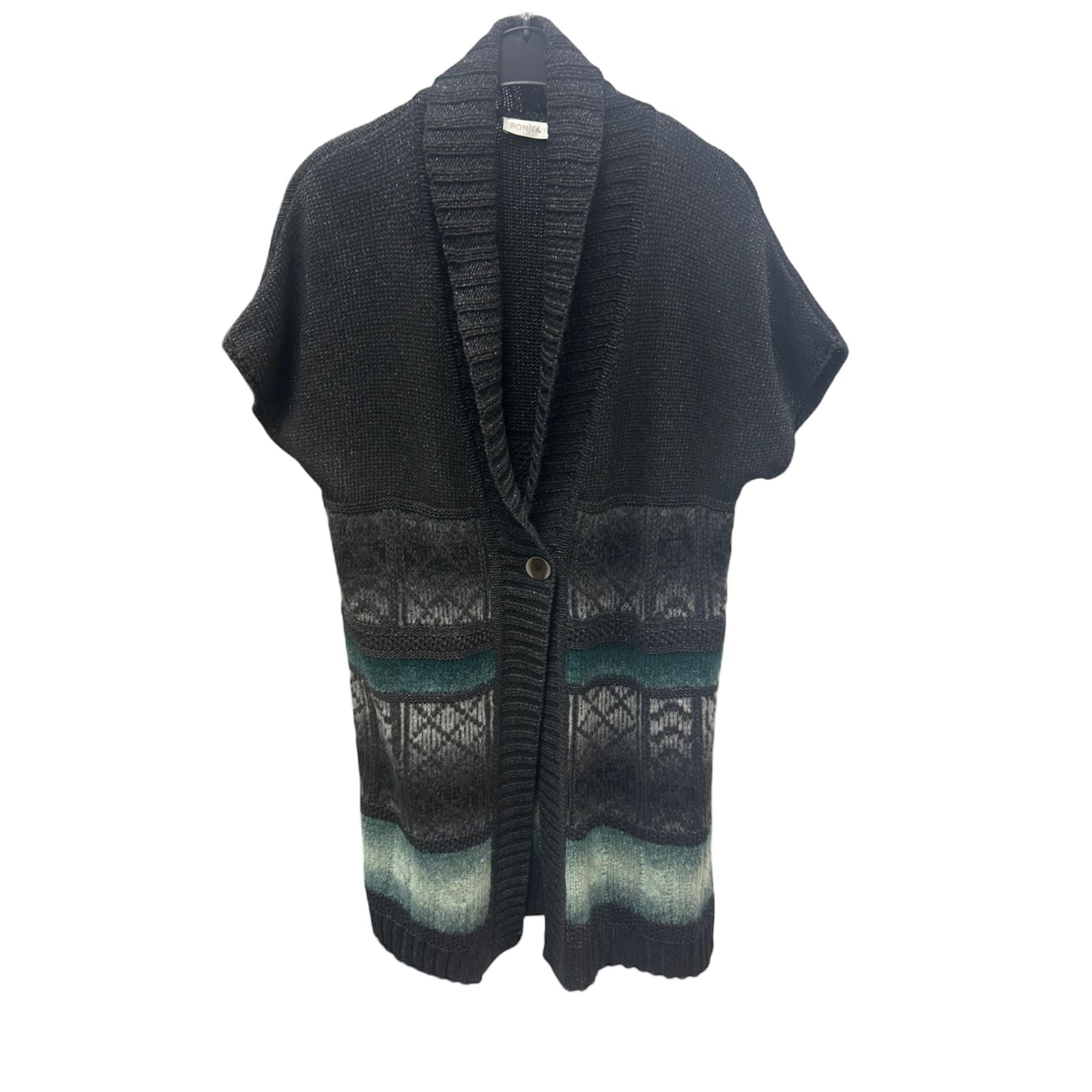 Bonita Strickweste Schwarz Gr L Kurzarm Muster Knopf Weich Mohairmischung