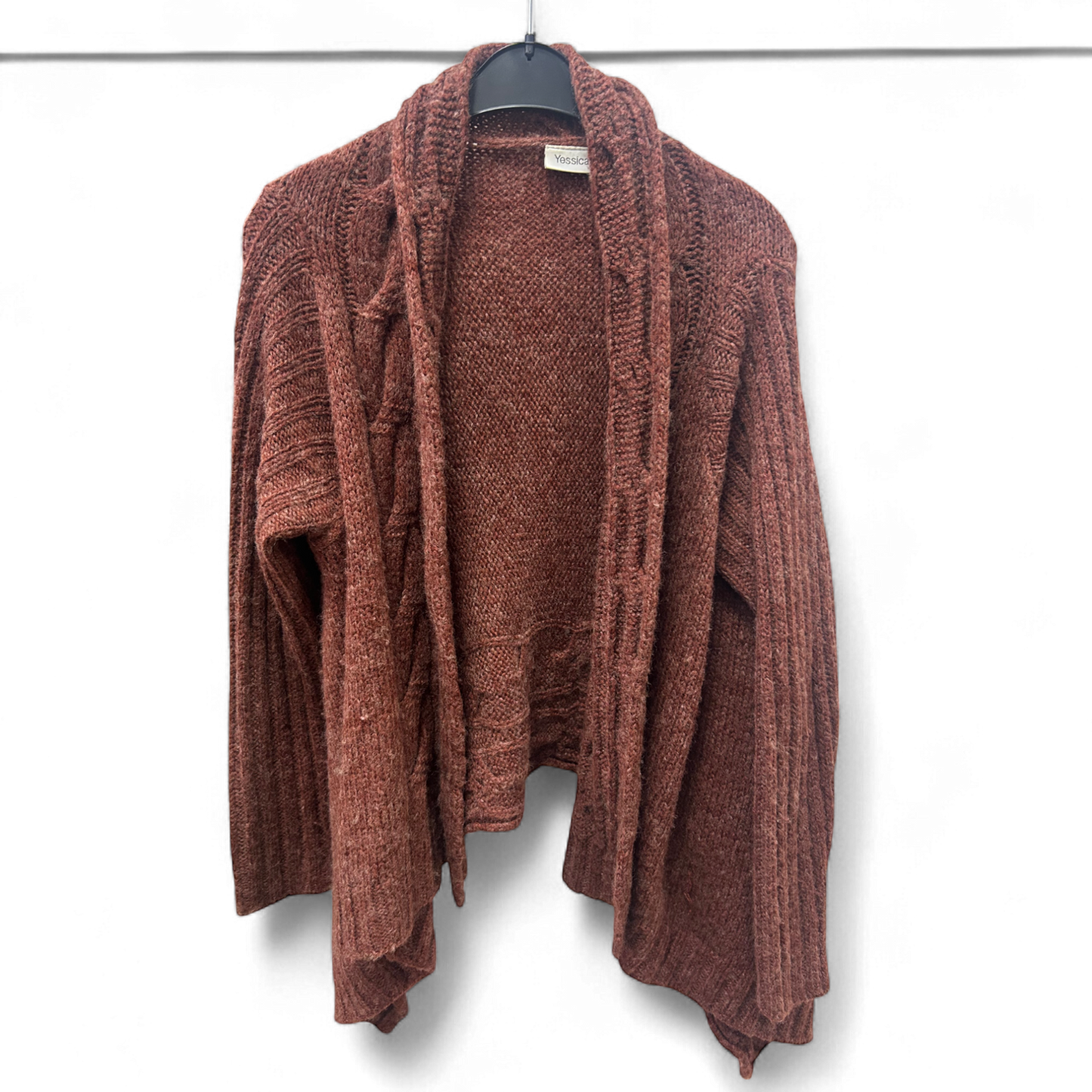 Yessica Strickjacke Braun Gr L Zopfmuster Offener Schnitt Zipfelsaum Wollmix