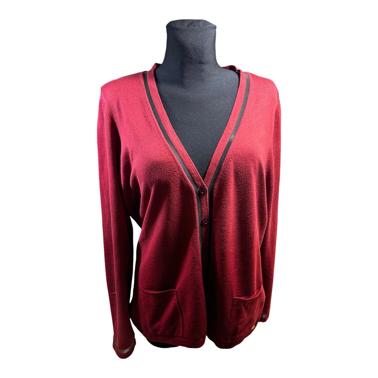 Escada Damen Strickjacke XL Rot Schurwolle Baumwolle Elegant Feinstrick
