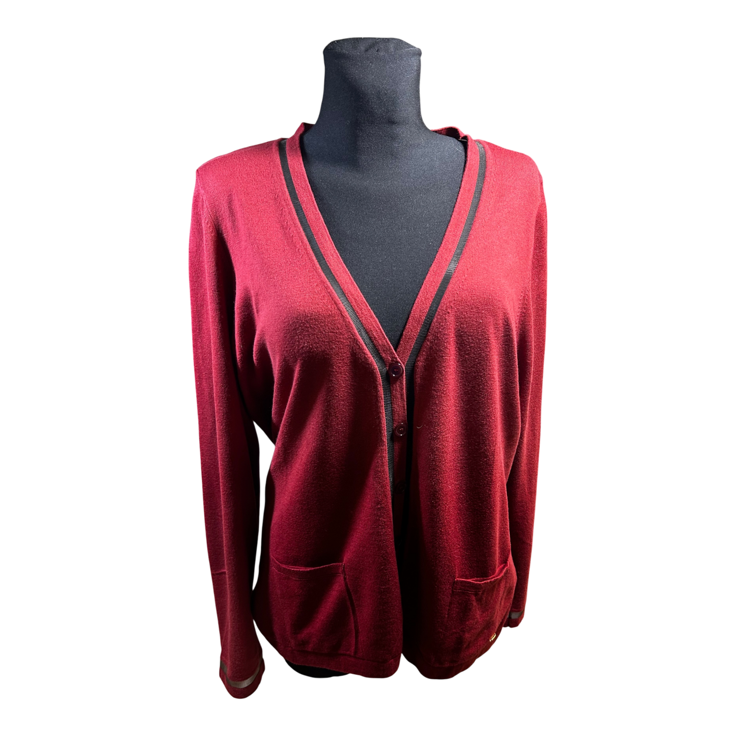 Escada Damen Strickjacke XL Rot Schurwolle Baumwolle Elegant Feinstrick