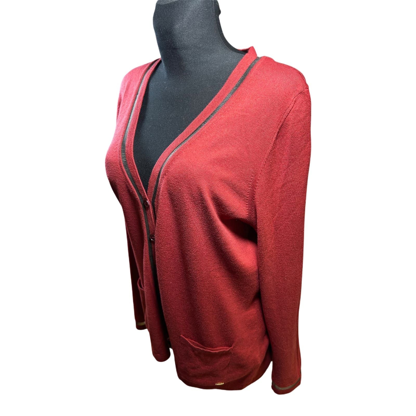 Escada Damen Strickjacke XL Rot Schurwolle Baumwolle Elegant Feinstrick