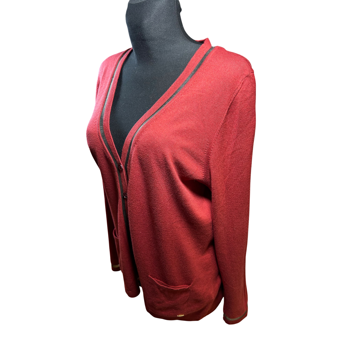 Escada Damen Strickjacke XL Rot Schurwolle Baumwolle Elegant Feinstrick