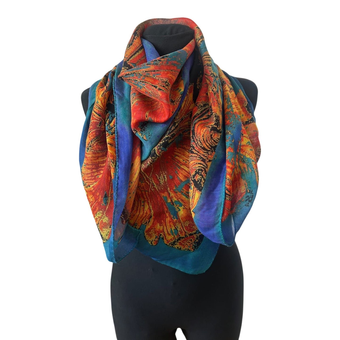 Großes Damen Tuch 120x120 cm Orange Blau Blumen weich quadratisch