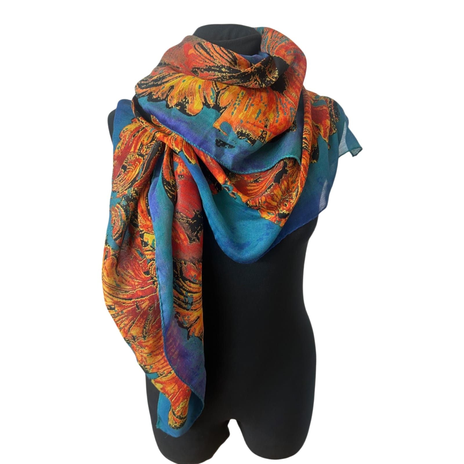Großes Damen Tuch 120x120 cm Orange Blau Blumen weich quadratisch