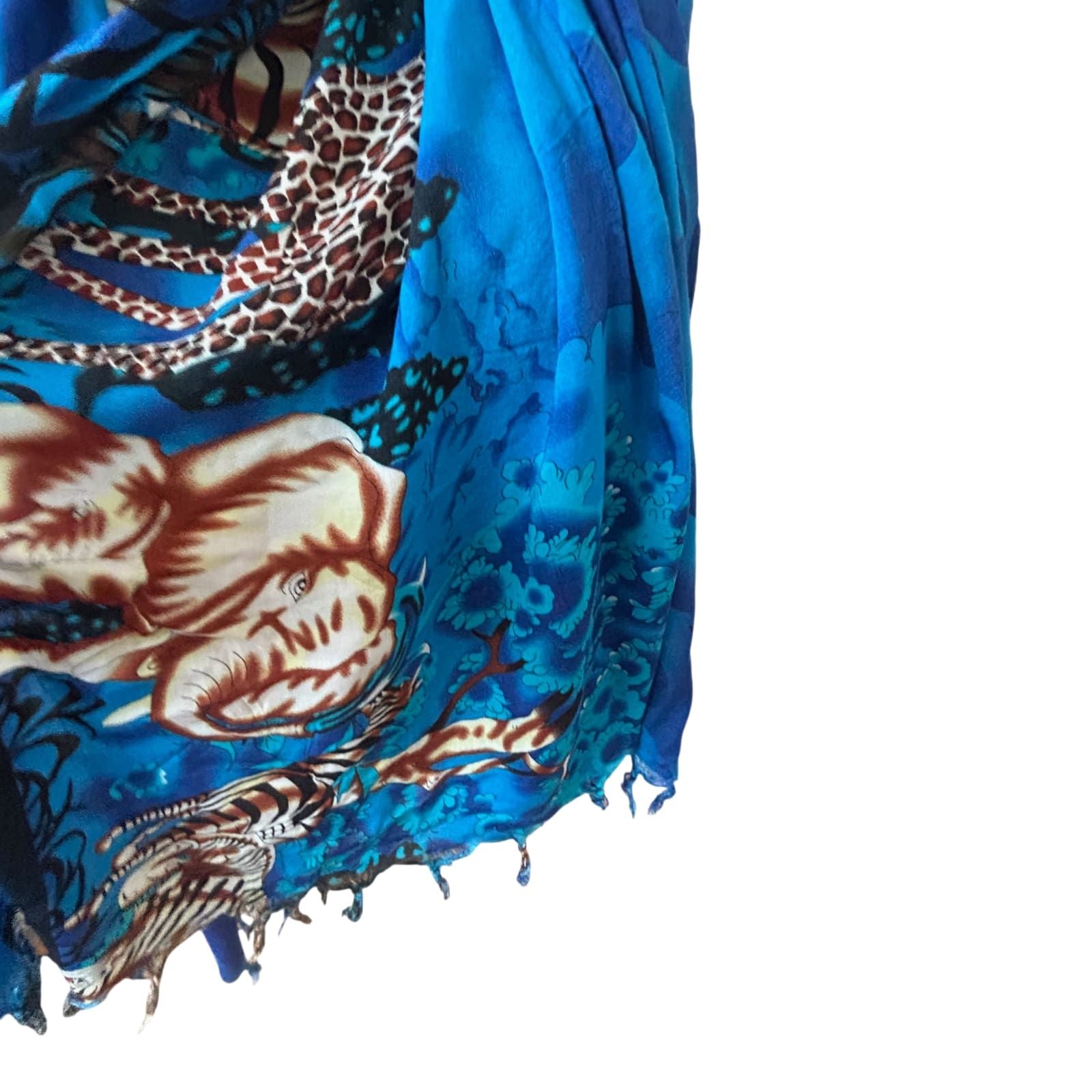 Großes Damen Tuch 150x115 cm Masai Mara Blau Elefant Giraffe Afrika