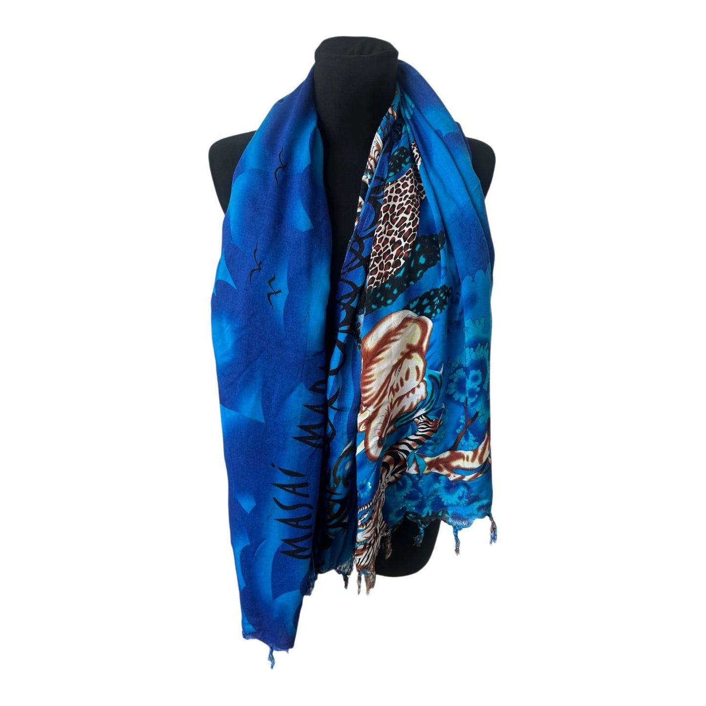 Großes Damen Tuch 150x115 cm Masai Mara Blau Elefant Giraffe Afrika