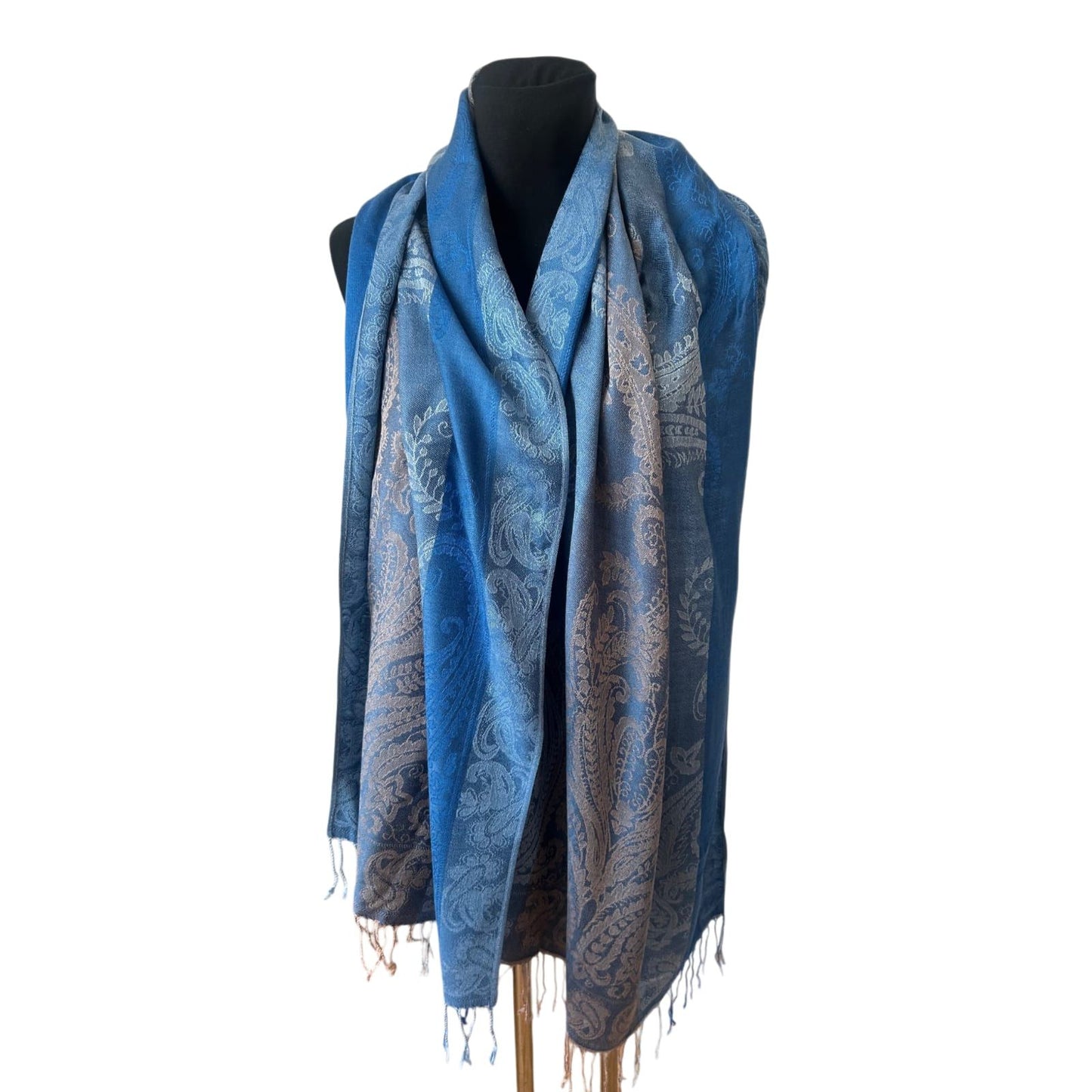 Damen Kaschmirschal Kaschmir Seide Blau Taupe Paisley 180x70 cm