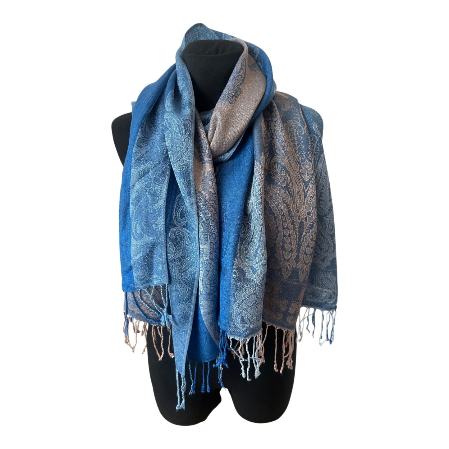 Damen Kaschmirschal Kaschmir Seide Blau Taupe Paisley 180x70 cm